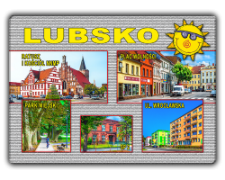 Magnes elastyczny 65x90 LUBSKO Ratusz i kościół NNMP, Plac Wolności, Park Miejski, SP 2, Wrocławska - szare tło, złoty napis